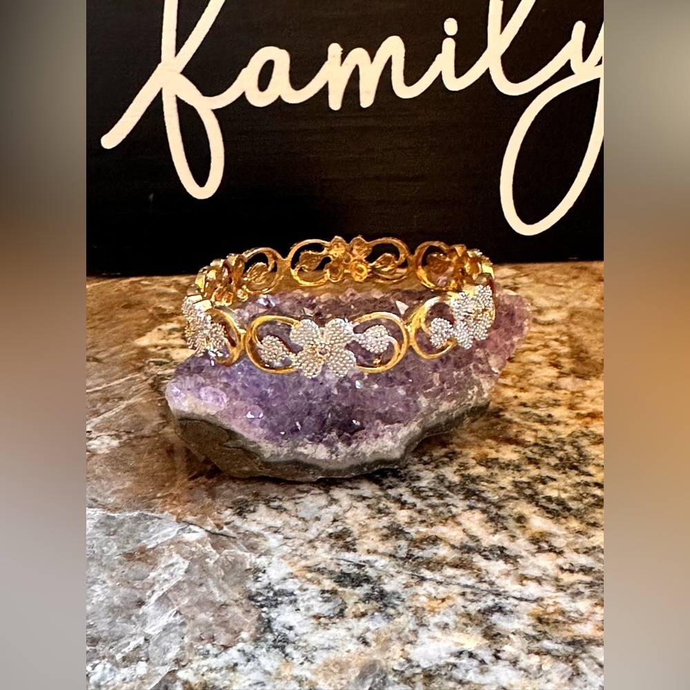 Gold Flower Simulated Diamond Bangle Bracelet
